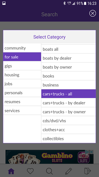category selection craigslist android app
